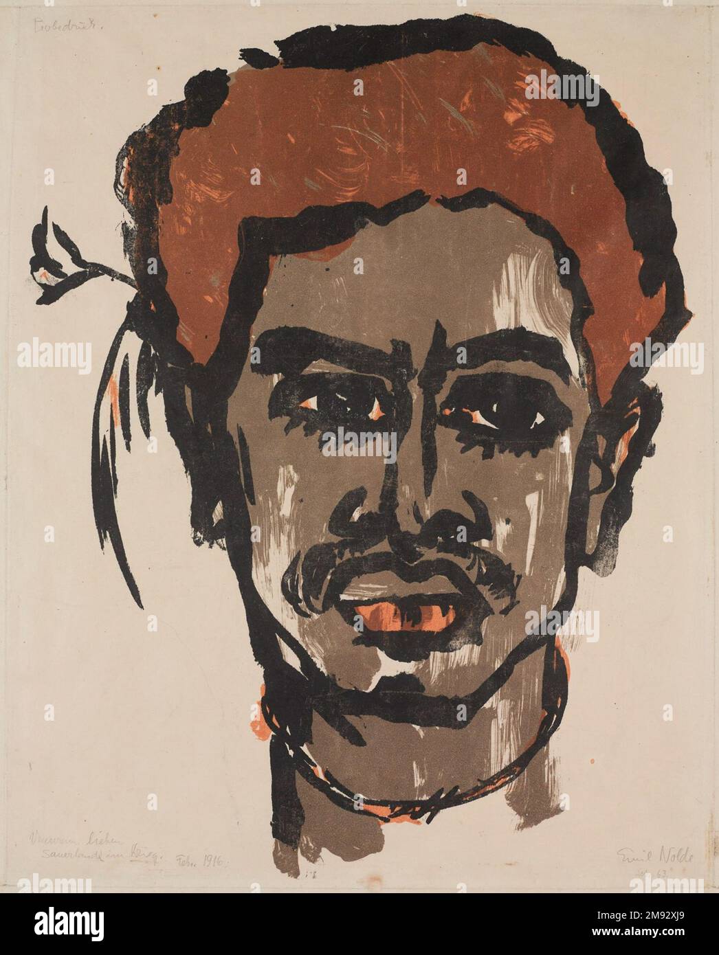 Isole del Mare del Sud (Südsee-Insulaner II) Emil Nolde (tedesco, 1867-1956). Isole del Mare del Sud (Südsee-Insulaner II), 1915. Litografia a colori su carta ovata, immagine: 16 15/16 x 13 1/8 pollici (43 x 33,3 cm). Come molti artisti espressionisti, Emil Nolde aveva un interesse per l’arte e per le persone di quelle che molti modernisti europei all’epoca si riferiva come culture “primitive”. Nel 1913 Nolde e sua moglie accettarono con entusiasmo un invito del governo tedesco ad unirsi a una spedizione etnografica e demografica in Nuova Guinea, il principale territorio coloniale tedesco nel Pacifico. Ha trascorso un anno lì e m Foto Stock