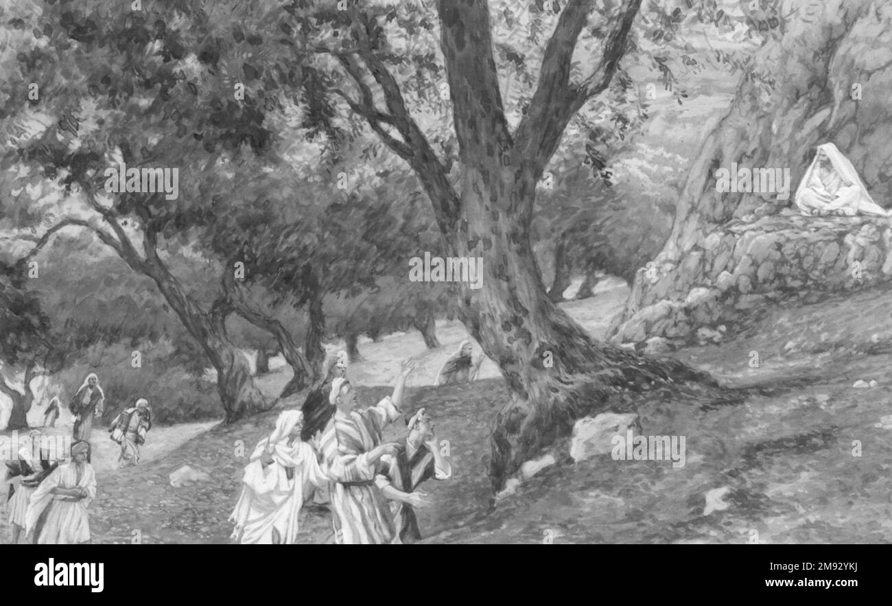 Gesù uscì in un posto nel deserto (Jésus va dans un endroit désert) James Tissot (francese, 1836-1902). Gesù uscì in un luogo deserto (Jésus va dans un endroit désert), 1886-1896. Acquerello opaco su grafite su carta in wove grigia, immagine: 6 5/16 x 10 7/16 pollici (16 x 26,5 cm). Arte europea 1886-1896 Foto Stock