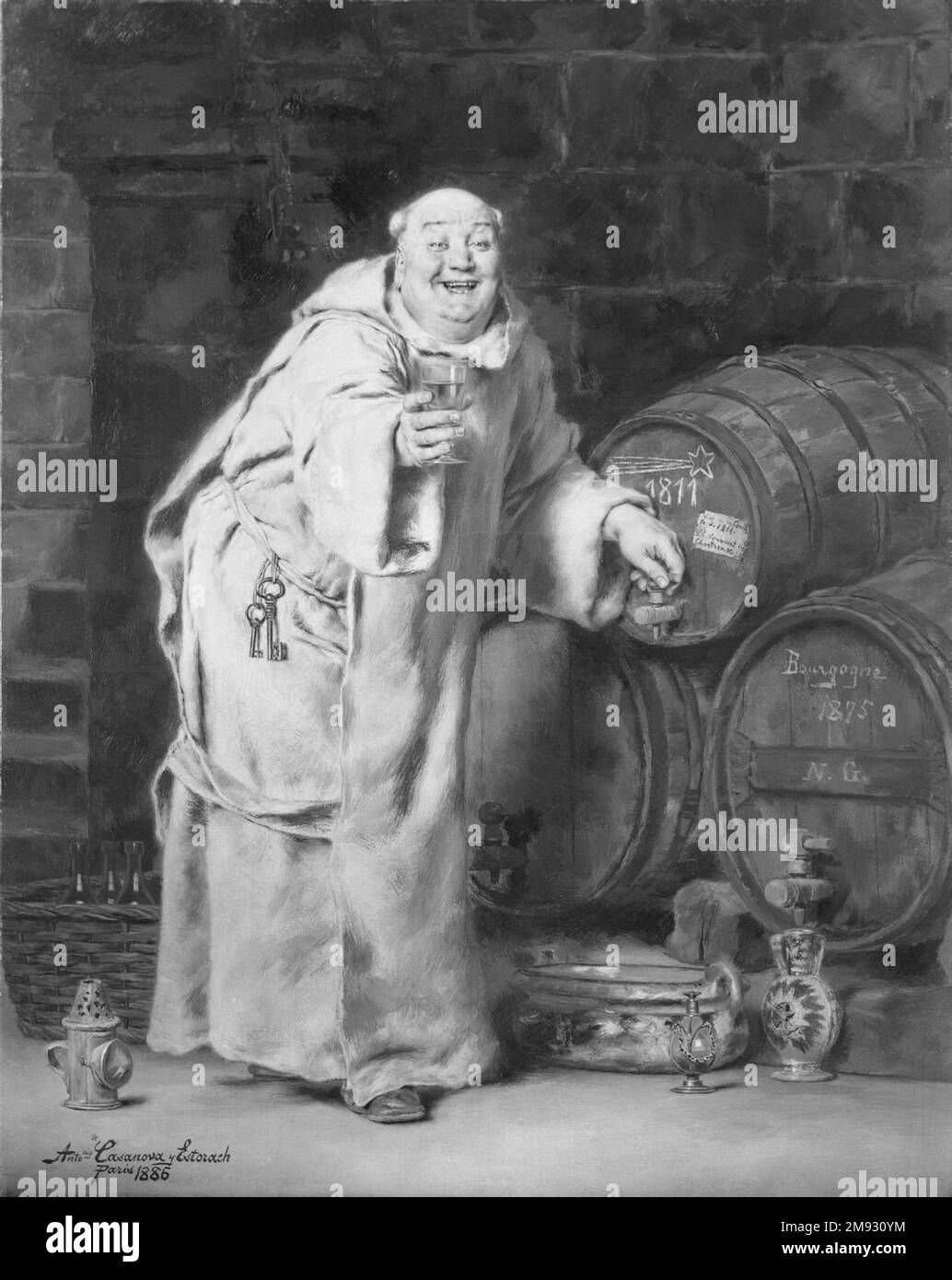 Monk Testing Wine Antonio Casanova y Estorach (spagnolo, 1847-1896). Monk Testing Wine, 1886. Olio su tela, 16 3/16 x 12 3/4 poll. (41,1 x 32,4 cm). Arte europea 1886 Foto Stock