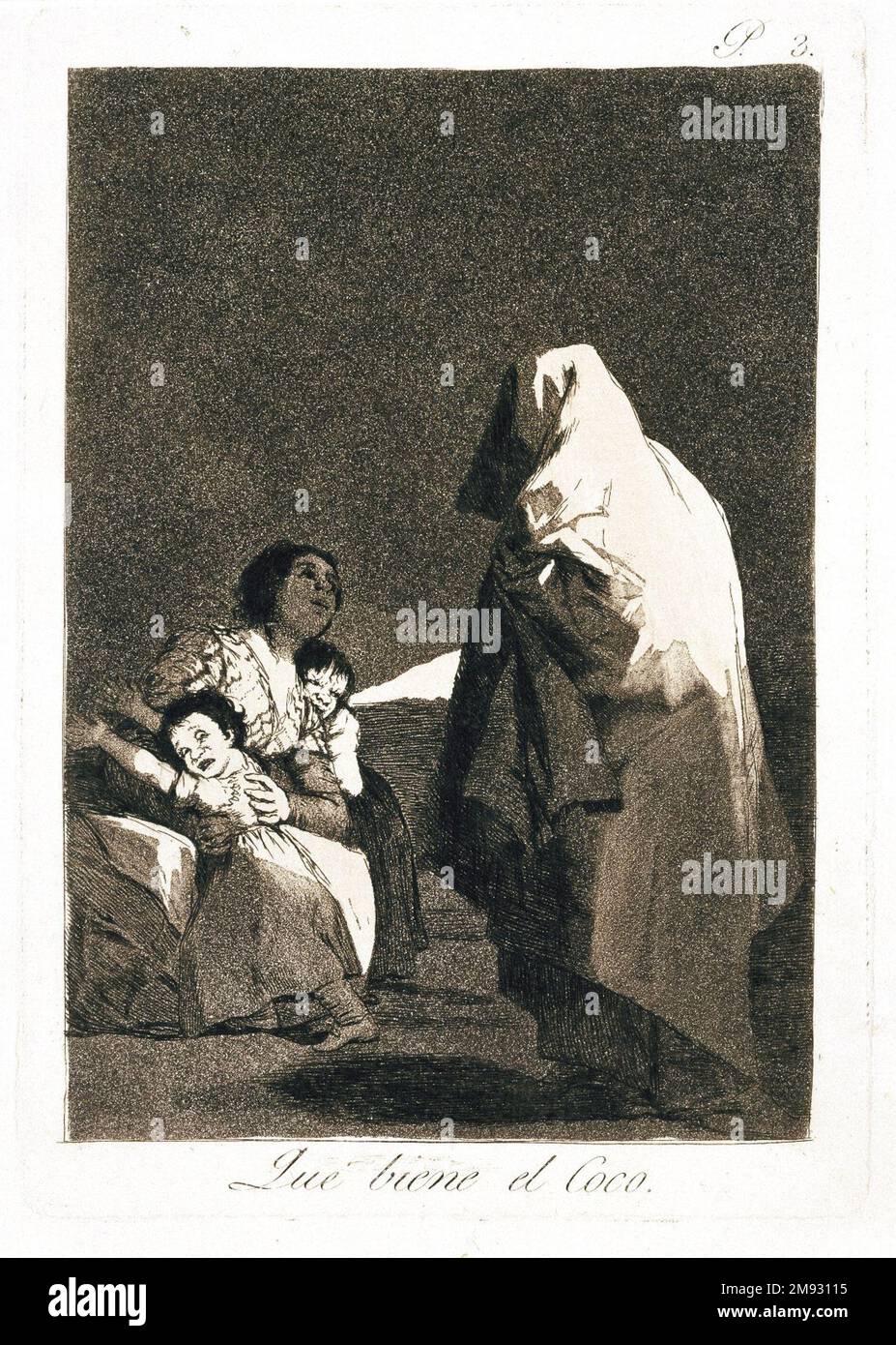 Ecco il Bogey-Man (Que viene el Coco) Francisco de Goya y Lucientes (spagnolo, 1746-1828). Ecco il Bogey-Man (Que viene el Coco), 1797-1798. Incisione e acquatinta su carta posata, foglio: 11 15/16 x 7 15/16 poll. (30,3 x 20,2 cm). I Caprici (Los Caprichos) sono un insieme di ottanta incisioni create tra il 1797 e il 1798. Sono in vista tredici esempi del raro set “prova di prova” del Brooklyn Museum, composto da prime impressioni di una stampa fatta dall’artista prima dell’edizione pubblicata. Nella prima parte della serie, Goya critica i personaggi, le istituzioni e i valori di e Foto Stock