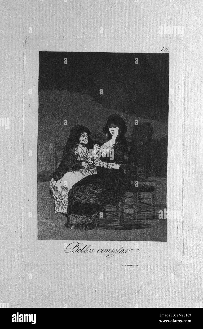 Insegnamenti carini (Bellos consejos) Francisco de Goya y Lucientes (spagnolo, 1746-1828). Insegnamenti graziosi (Bellos consejos), 1797-1798. Incisione, acquatinta e burin su carta posata, foglio: 11 15/16 x 7 15/16 poll. (30,3 x 20,2 cm). Arte europea 1797-1798 Foto Stock