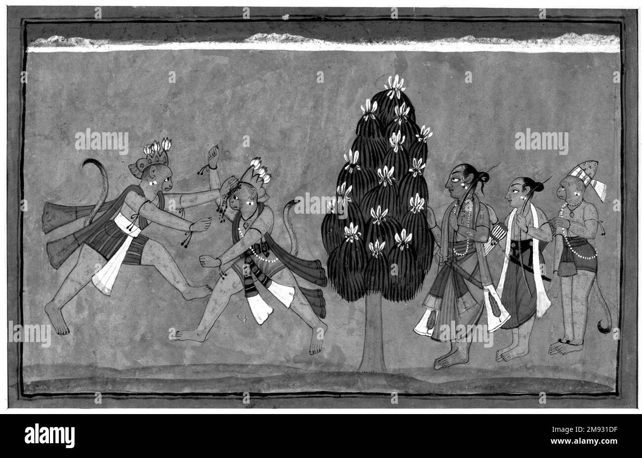 Vali e Sugriva Fighting, Folio dall'indiano disperso 'Shangri Ramayana'. Vali e Sugriva Fighting, Folio dalla dispersa 'Shangri Ramayana', ca. 1700-1710. Acquerello opaco su carta, foglio: 8 x 12 1/4 pollici (20,3 x 31,1 cm). Questo dipinto è tratto da una grande serie di illustrazioni che narrano una delle più grandi epiche dell’Induismo, il Ramayana. Gran parte della storia si svolge nel deserto, dove l'eroe, Rama, è stato esiliato. Mentre lì, Rama fa amicizia con una scimmia, Sugriva, che vuole rovesciare il proprio fratello per diventare re delle scimmie. Questo dipinto mostra la battaglia fondamentale tra Sung Foto Stock