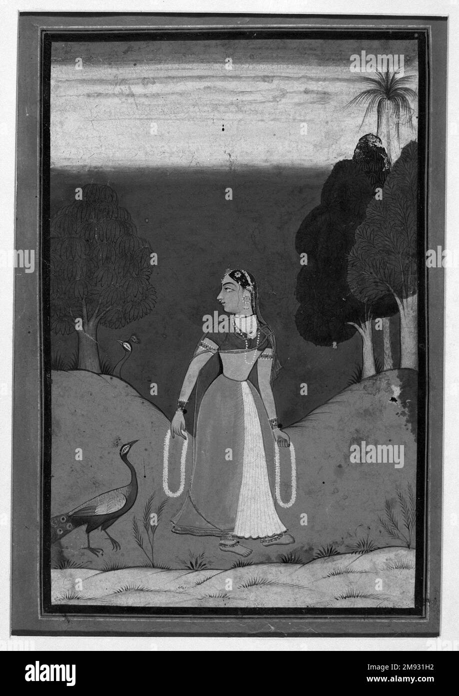 Kakubha Ragini, pagina da un Ragamala dispersa Serie indiana. Kakubha Ragini, pagina da una Serie di Ragamala dispersa, ca. 1727 (?). Acquerello opaco su carta, foglio: 10 x 7 1/8 pollici (25,4 x 18,1 cm). Dipinti indiani dei temi musicali la forma più prevalente della musica classica nel nord dell'India è il raga. Un raga non è un pezzo di musica composto ma un insieme stabilito di linee guida tonali, ritmiche ed espressive da cui un musicista crea un'esibizione improvvisata. Le linee guida sono abbastanza specifiche che un ascoltatore esperto può riconoscere qualsiasi raga particolare se viene eseguito correttamente. Th Foto Stock