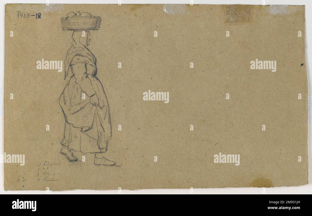 Tre cifre olandesi Eastman Johnson (americano, 1824-1906). Tre cifre olandesi, ca. 1852. Grafite, acquerello e gesso bianco su carta a trama moderata marrone, di peso medio, 6 1/2 x 10 7/8 pollici (16,5 x 27,6 cm). Questo foglio contiene studi preparatori di figure per una pittura di genere di contadini che chiedono elemosine alla porta di un castello. La gestione del mezzo da parte di Eastman Johnson migliora la sua caratterizzazione: La qualità sciolta ed energetica della sua linea trasmette la disperazione nervosa e l’apparenza bedraggred dei mendicanti. Arte americana ca. 1852 Foto Stock