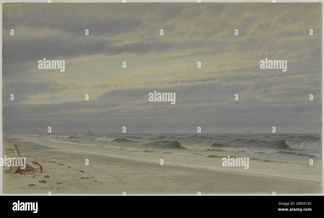 Beach Scene con Barrel e Anchor William Trost Richards (americano, 1833-1905). Spiaggia scena con Barrel e Anchor, 1870. Acquerello e acquerello opaco con fondo in grafite su carta in wove, 8 5/16 x 13 15/16 pollici (21,1 x 35,4 cm). Arte americana 1870 Foto Stock