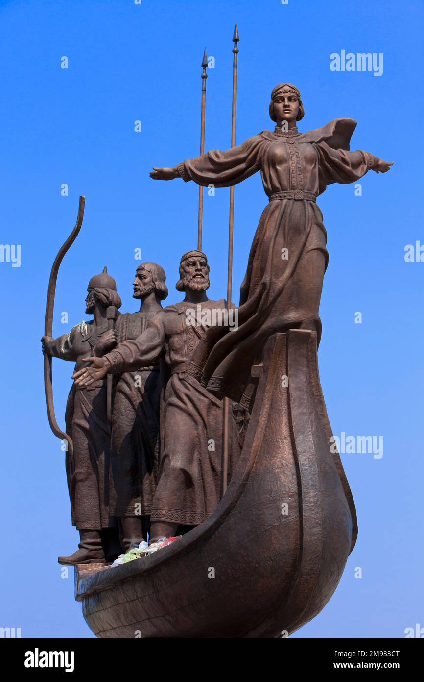 Monumento ai fondatori di Kyiv (dello scultore Vasyl Borodai) che commemora il 1500th° anniversario di Kyiv a Kiev, Ucraina Foto Stock