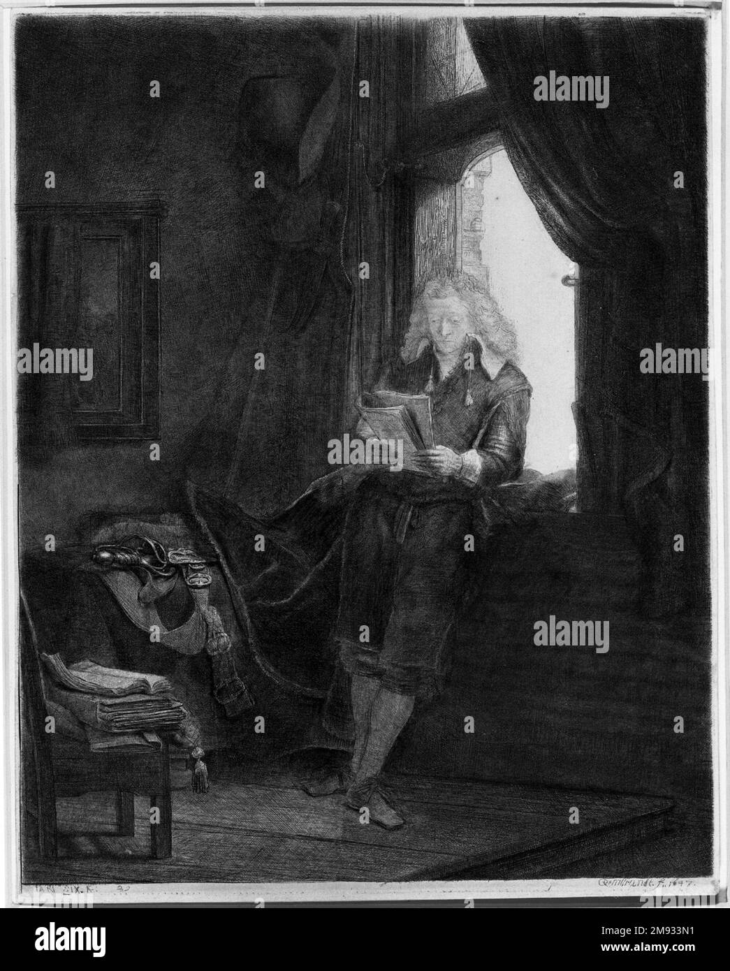 Jan sei Rembrandt Harmensz. Van Rijn (olandese, 1606-1669). Sei gennaio 1647. Incisione, punto di asciugatura e burin su carta posata, piastra: 9 3/4 x 7 11/16 poll. (24,8 x 19,5 cm). Arte europea 1647 Foto Stock Jan sei Rembrandt Harmensz. Van Rijn (olandese, 1606-1669). Sei gennaio 1647. Incisione, punto di asciugatura e burin su carta posata, piastra: 9 3/4 x 7 11/16 poll. (24,8 x 19,5 cm). Arte europea 1647 Foto Stock