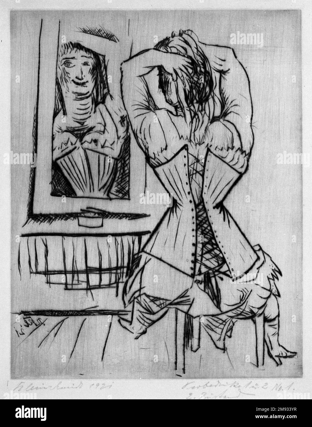 Donna seduta davanti a uno specchio (Frau, sitzende vor Spiegel) Paul Kleinschmidt (tedesco, 1883-1949). , 1921. DRYPOINT su carta Wove, foglio: 12 13/16 x 9 5/16 poll. (32,5 x 23,7 cm). Arte europea 1921 Foto Stock
