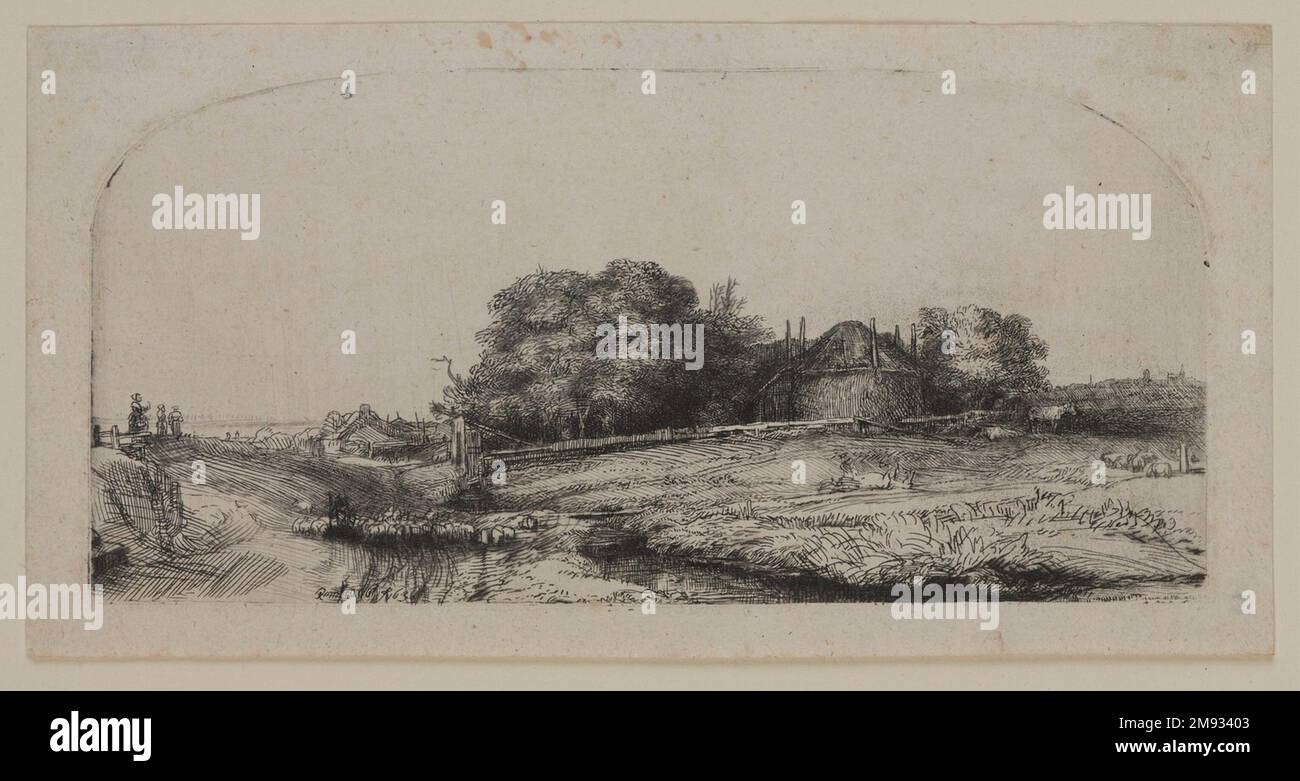 Paesaggio con un fienile e un gregge di pecore Rembrandt Harmensz. Van Rijn (olandese, 1606-1669). Paesaggio con un fienile e un gregge di pecore, 1652. Incisione e punto secco sulla carta posata, piastra: 3 5/16 x 6 7/8 poll. (8,4 x 17,5 cm). Sebbene piccolo, il paesaggio di Rembrandt contiene mondi, il vasto paesaggio orizzontale olandese e le piccole figure e abitazioni al suo interno, tutti resi con sorprendente spontaneità e specificità. Nel paesaggio con un fienile e un gregge di pecore, si svolge un momento di vita rurale, con la città di Amsterdam appena visibile all'orizzonte lontano. Pecora retu Foto Stock