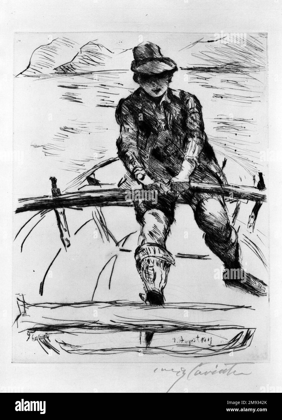 Thomas in un Rowboat (Thomas im Ruderboot) Lovis Corinth (tedesco, 1858-1925). , 1919. Incisione e punto secco su carta posata, immagine: 12 9/16 x 9 3/4 pollici (31,9 x 24,8 cm). Arte europea 1919 Foto Stock