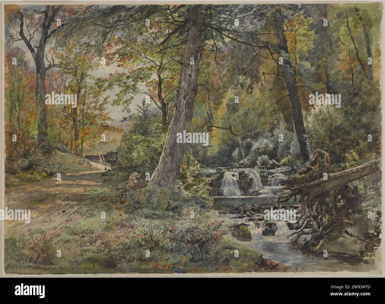 Landscape with Stream and Road, Chester County William Trost Richards (americano, 1833-1905). Paesaggio con ruscello e strada, Chester County, ca. 1886. Acquerello su grafite su carta biancastra, moderatamente spessa, con trama moderata, 10 x 13 15/16 pollici (25,4 x 35,4cm). Arte americana ca. 1886 Foto Stock