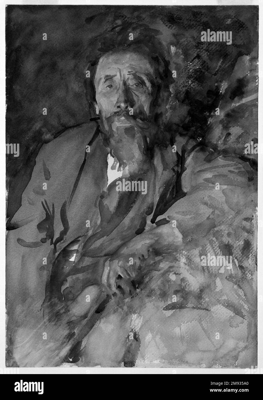 A Tramp John Singer Sargent (americano, nato in Italia, 1856-1925). A Tramp, ca. 1904-1906. Acquerello traslucido e tocchi di acquerello opaco, 20 x 14in. (50,8 x 35,6cm). In questo acquerello splendidamente eseguito, Sargent non si affidò ad alcun disegno o schizzo preliminare prima della verniciatura. Il lavoro è un buon esempio del suo frequente uso della sottrazione bagnata per sollevare e rimuovere il colore, visto nei forti segni di pulizia diagonali in basso a sinistra e, più sottilmente, nella manica dell’uomo, nell’orecchio sinistro, nella linea dei capelli della fronte e nella punta del naso. Arte americana ca. 1904-1906 Foto Stock