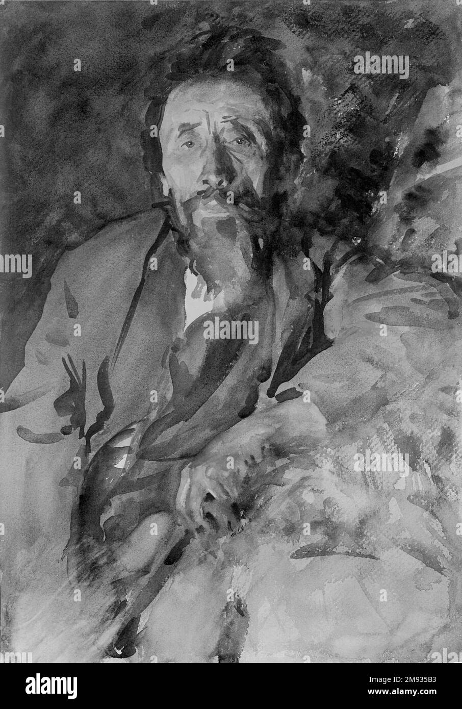 A Tramp John Singer Sargent (americano, nato in Italia, 1856-1925). A Tramp, ca. 1904-1906. Acquerello traslucido e tocchi di acquerello opaco, 20 x 14in. (50,8 x 35,6cm). In questo acquerello splendidamente eseguito, Sargent non si affidò ad alcun disegno o schizzo preliminare prima della verniciatura. Il lavoro è un buon esempio del suo frequente uso della sottrazione bagnata per sollevare e rimuovere il colore, visto nei forti segni di pulizia diagonali in basso a sinistra e, più sottilmente, nella manica dell’uomo, nell’orecchio sinistro, nella linea dei capelli della fronte e nella punta del naso. Arte americana ca. 1904-1906 Foto Stock