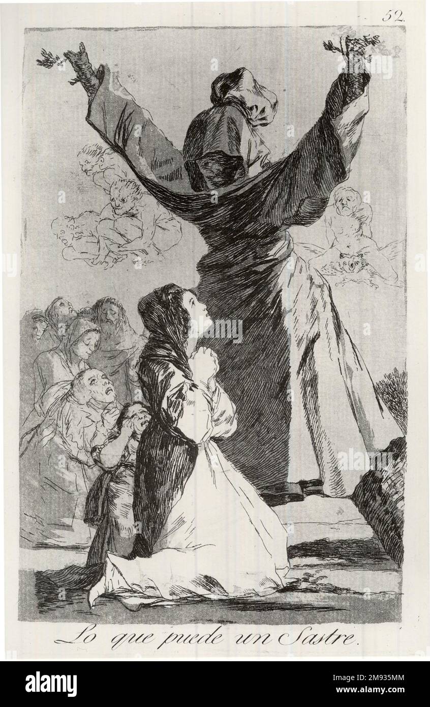 Che cosa può fare un sarto! (Lo que puede un sastre!) Francisco de Goya y Lucientes (spagnolo, 1746-1828). Che cosa può fare un sarto! (Lo que puede un sastre!), 1797-1798. Incisione e acquatinta su carta posata, foglio: 11 7/8 x 8 poll. (30,2 x 20,3 cm). I Caprici (Los Caprichos) sono un insieme di ottanta incisioni create tra il 1797 e il 1798. Sono in vista tredici esempi del raro set “prova di prova” del Brooklyn Museum, composto da prime impressioni di una stampa fatta dall’artista prima dell’edizione pubblicata. Nella prima parte della serie, Goya critica i personaggi, le istituzioni e i valori di EAR Foto Stock