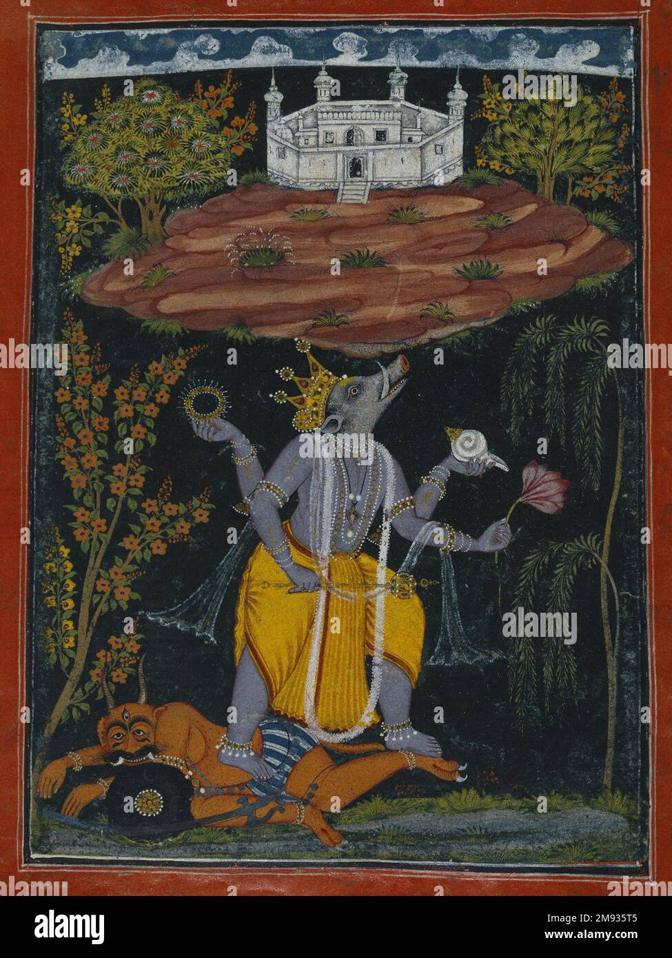 Varaha salvando la Terra, pagina da una serie illustrata Dasavatara indiano. Varaha salvando la Terra, pagina di una serie illustrata di Dasavatara, ca. 1730-1740. Acquerello opaco, oro e argento su carta, foglio: 10 1/2 x 8 1/8 pollici (26,7 x 20,6 cm). Questo dipinto della storia di Varaha condivide diversi elementi comuni con i due esempi adiacenti, che offrono diverse soluzioni alla questione di come raffigurare una fantastica storia multi-episodio su un'unica piccola pagina. Tutti e tre rappresentano la terra come una massa terrestre (piuttosto che una dea), equilibrata sulla testa di Varaha, e tutti fanno riferimento a. Foto Stock