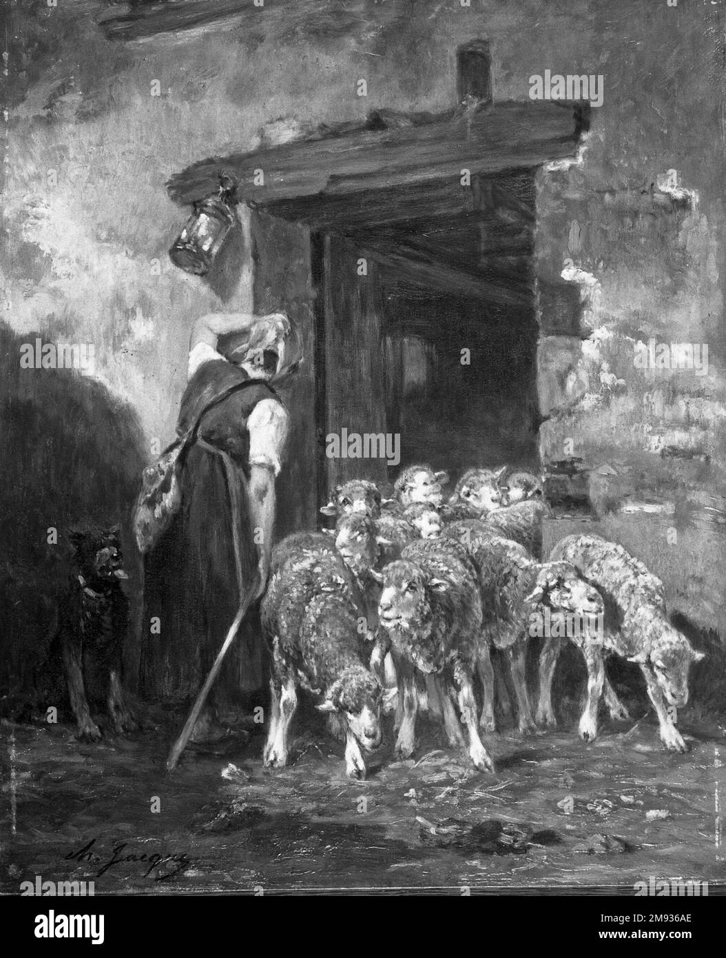 Lasciando la pecora Pen Charles-Émile Jacque (francese, 1813-1894). Lasciando la penna di pecora, 1880s. Olio sul pannello, 18 x 14 9/16 in. (45,7 x 37 cm). Arte europea 1880s Foto Stock