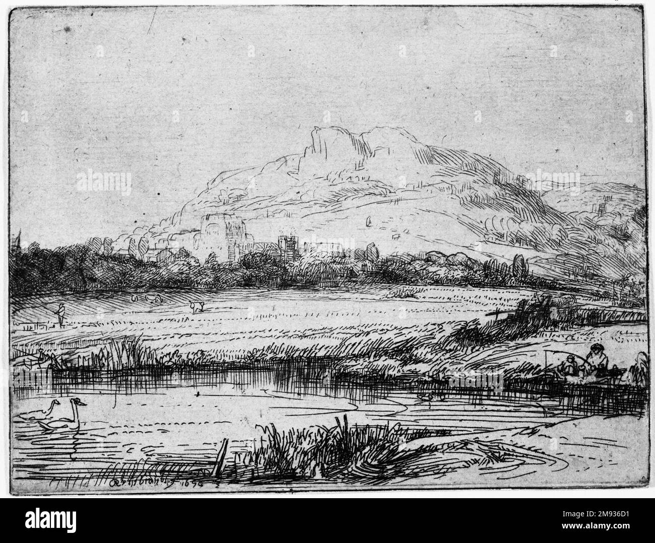 Canale con un anglero e due cigni Rembrandt Harmensz. Van Rijn (olandese, 1606-1669). , 1650. Incisione su carta posata, piastra: 3 5/16 x 4 5/16 poll. (8,4 x 11 cm). Arte europea 1650 Foto Stock