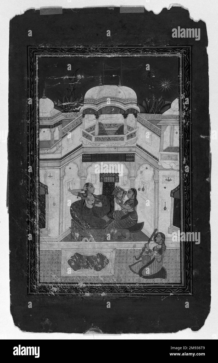 Bilavala Ragini indiano. Bilavala Ragini, ca. 1770-1790. Acquerello opaco e oro su carta, foglio: 12 7/8 x 7 7/8 pollici (32,7 x 20,0 cm). Nel XV o XVI secolo si sviluppò un nuovo genere di pittura che tentò di catturare in immagini gli umori di famosi passaggi della musica classica. La musica, conosciuta come ragas o raginis, ha ispirato gli artisti a creare piccoli scenari, felici o tristi, feroci o tranquilli, che si svolgono di giorno o di notte, d'estate o d'inverno, che sono stati ripetutamente illustrati. Questo dipinto raffigura un ragini insolitamente ottimista, Bilavala, con una donna groomin Foto Stock