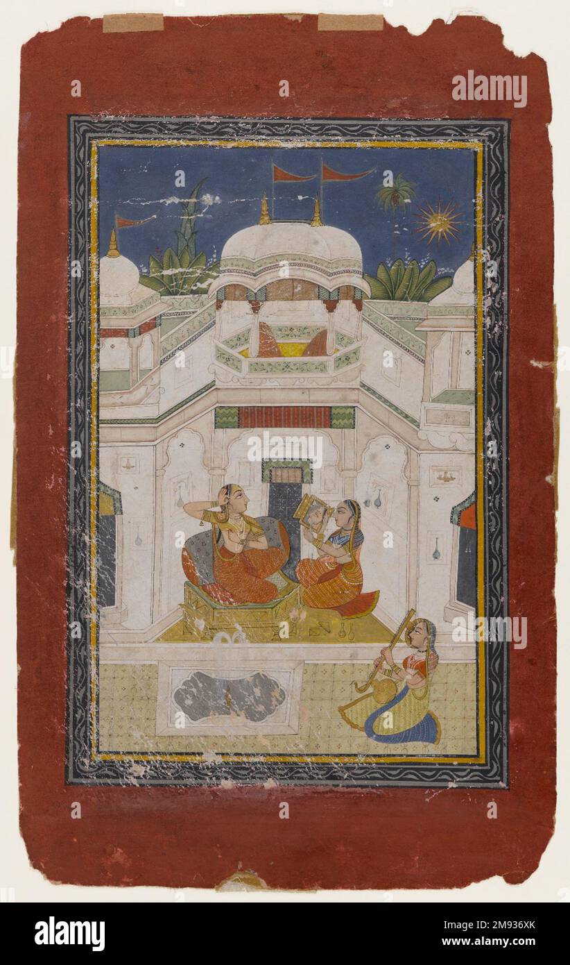 Bilavala Ragini indiano. Bilavala Ragini, ca. 1770-1790. Acquerello opaco e oro su carta, foglio: 12 7/8 x 7 7/8 pollici (32,7 x 20,0 cm). Nel XV o XVI secolo si sviluppò un nuovo genere di pittura che tentò di catturare in immagini gli umori di famosi passaggi della musica classica. La musica, conosciuta come ragas o raginis, ha ispirato gli artisti a creare piccoli scenari, felici o tristi, feroci o tranquilli, che si svolgono di giorno o di notte, d'estate o d'inverno, che sono stati ripetutamente illustrati. Questo dipinto raffigura un ragini insolitamente ottimista, Bilavala, con una donna groomin Foto Stock
