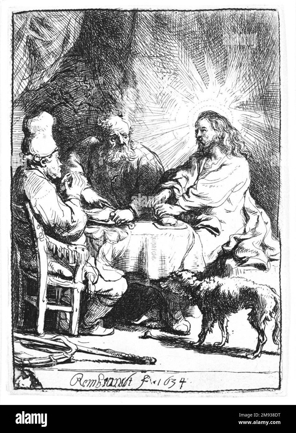 Cristo a Emmaus: Il piatto più piccolo Rembrandt Harmensz. Van Rijn (olandese, 1606-1669). , 1634. Incisione e punto secco sulla carta posata, piastra: 4 1/8 x 3 poll. (10,5 x 7,6 cm). Arte europea 1634 Foto Stock