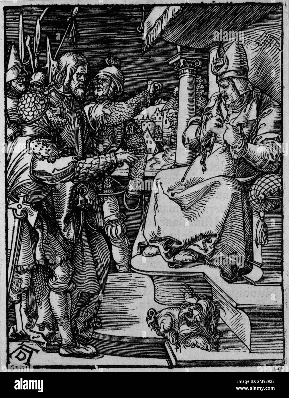 Cristo prima di Caiaphas Albrecht Dürer (tedesco, 1471-1528). Cristo prima di Caiaphas, 1509-1511; edizione del 1511. Taglio a legno su carta steso, foglio: 5 3/16 x 4 poll. (13,2 x 10,2 cm). Arte europea 1509-1511; edizione del 1511 Foto Stock