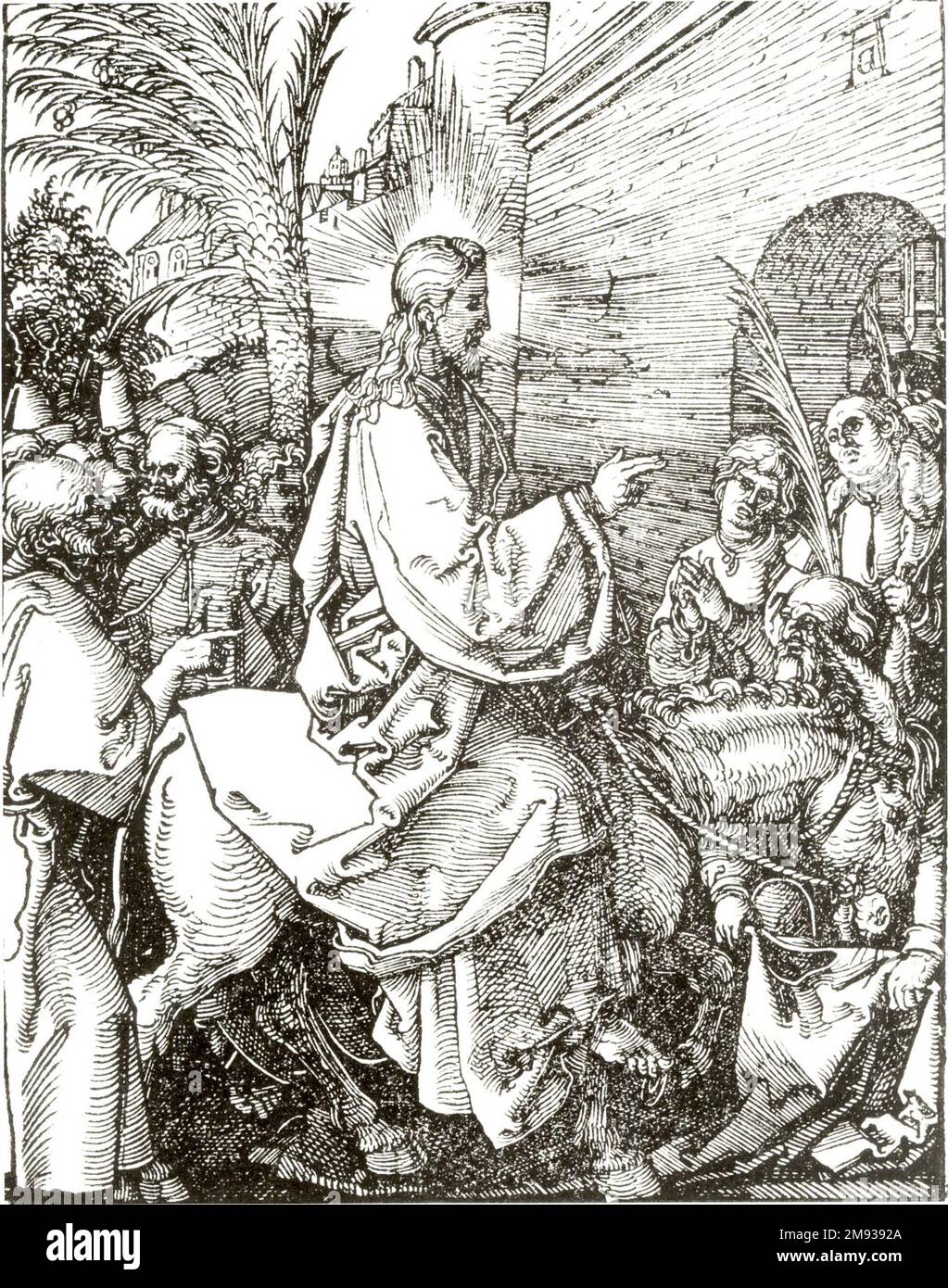 Ingresso di Cristo a Gerusalemme Albrecht Dürer (tedesco, 1471-1528). Ingresso di Cristo a Gerusalemme, 1509-1511; edizione del 1511. Taglio a legno su carta steso, foglio: 5 3/16 x 4 1/16 poll. (13,2 x 10,3 cm). Arte europea 1509-1511; edizione del 1511 Foto Stock