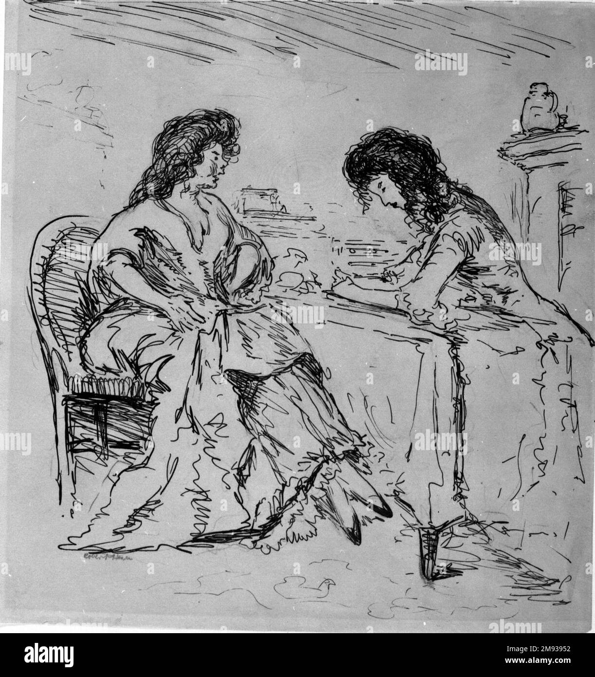 Conversazione Robert Henri (americano, 1865-1929). Conversazione, ca. 1905. Penna, inchiostro e grafite su carta, foglio: 8 7/8 x 8 7/16 poll. (22,5 x 21,4 cm). Arte americana ca. 1905 Foto Stock