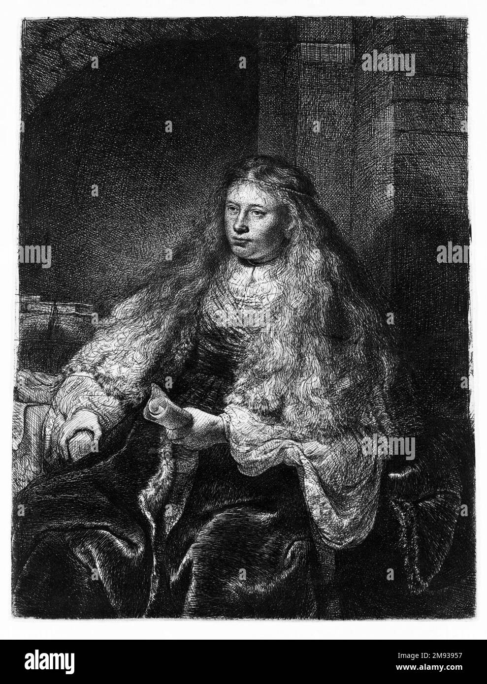 La Grande Sposa Ebraica Rembrandt Harmensz. Van Rijn (olandese, 1606-1669). , 1635. Incisione con un po' di punto secco e burin su carta posata, piastra: 8 5/8 x 6 5/8 pollici (21,9 x 16,8 cm). Arte europea 1635 Foto Stock