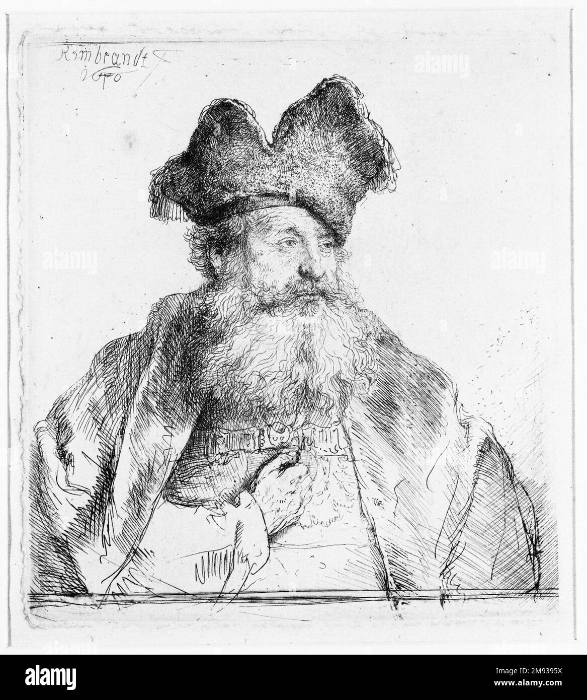 Vecchio uomo con una pelliccia divisa Cap Rembrandt Harmensz. Van Rijn (olandese, 1606-1669). Vecchio uomo con cappellino di pelliccia diviso, 1640. Incisione su carta posata, piastra: 5 15/16 x 5 7/16 poll. (15,1 x 13,8 cm). Arte europea 1640 Foto Stock