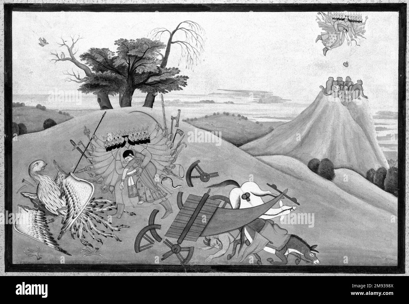 L'abduzione di Sita, pagina da un manoscritto illustrato degli indiani Ramayana. L'abduzione di Sita, pagina da un manoscritto illustrato del Ramayana, ca. 1775. Acquerello opaco, argento e oro su carta, foglio: 9 3/4 x 14 1/16 pollici (24,8 x 35,7 cm). Questo dipinto illustra il momento cruciale del Ramayana, quando il demone Ravana rapisce la bella moglie di Rama, Sita. I multigetto Ravana e Sita sono mostrati due volte: In basso a sinistra Ravana ha ferito mortalmente un gigantesco avvoltoio che valorosamente tentò di salvare Sita, mentre nell'angolo in alto a destra il demone vola via con il suo premio. S Foto Stock