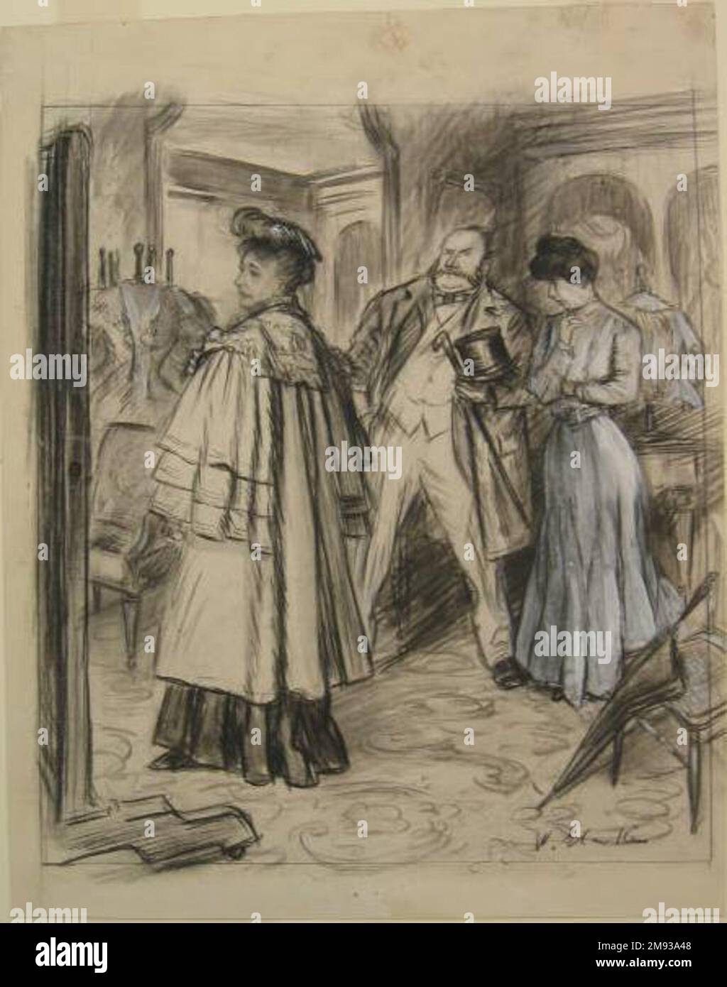 ''mia cara,' la istruì pazientemente sotto gli occhi di approvazione della ragazza, 'troverete sempre che paga ottenere il meglio'' William Glackens (americano, 1870-1938). ''mia cara,' la istruì pazientemente sotto gli occhi di approvazione della ragazza, 'troverete sempre che paga ottenere il meglio',' 1906. Pastello nero conte, acquerello, acquerello opaco e grafite su crema, carta ovata liscia e di spessore moderato, foglio: 15 3/8 x 12 3/16 poll. (39,1 x 31 cm). Arte americana 1906 Foto Stock