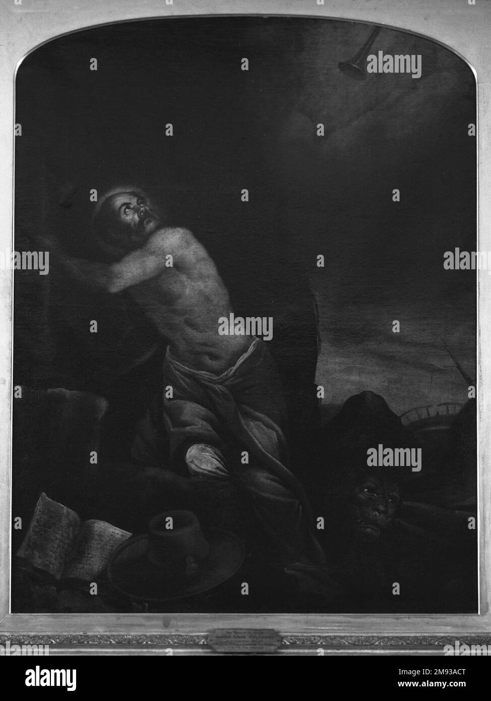 San Girolamo ascoltando la tromba del Giudizio universale dopo Jacopo Tintoretto (italiano, veneziano, 1518-1594). , ca. 1588. Olio su tela, arcuato: 49 3/8 x 38 1/2 poll. (125,4 x 97,8 cm). Arte europea ca. 1588 Foto Stock