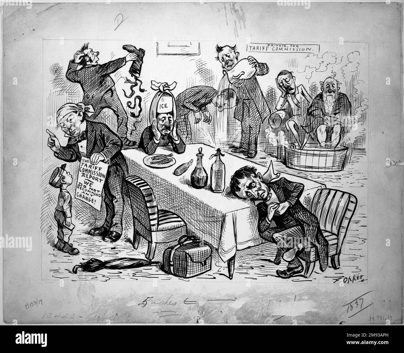 La Commissione tariffaria in sessione Frederick Burr Opper (americano, 1857-1937). La Commissione tariffaria in sessione, n.d. Penna e inchiostro con matita rossa e grafite su carta, foglio: 11 3/8 x 14 5/16 poll. (28,9 x 36,4 cm). Arte americana n.d. Foto Stock