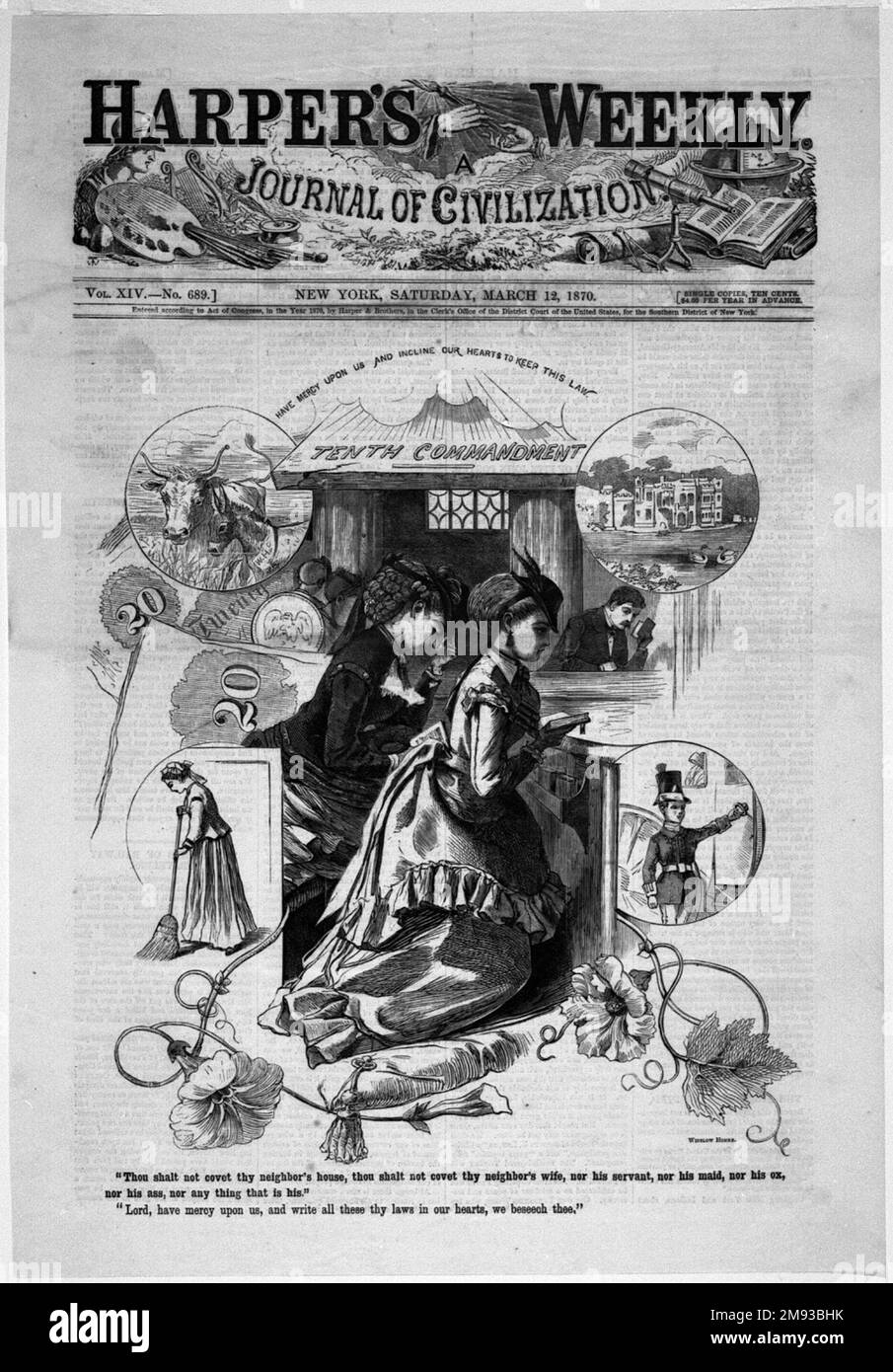 Decimo comandamento Winslow Omero (americano, 1836-1910). Decimo comandamento, 1870. Incisione su legno, immagine: 10 3/4 x 9 pollici (27,3 x 22,9 cm). Questa illustrazione del decimo comandamento biblico in termini contemporanei sembra un'immagine curiosa per la copertina di una rivista settimanale con un pubblico generale. Non è stato individuato alcun riferimento che spieghi il ragionamento alla base della sua commissione. La scelta dell'argomento, tuttavia, può essere stata indirettamente correlata agli scandali politici che afflicavano la nazione all'epoca, uno dei quali incentrato sulla presidenza di Ulisse S. Grant. "Il Grantism" è venuto per includere tutto ma Foto Stock