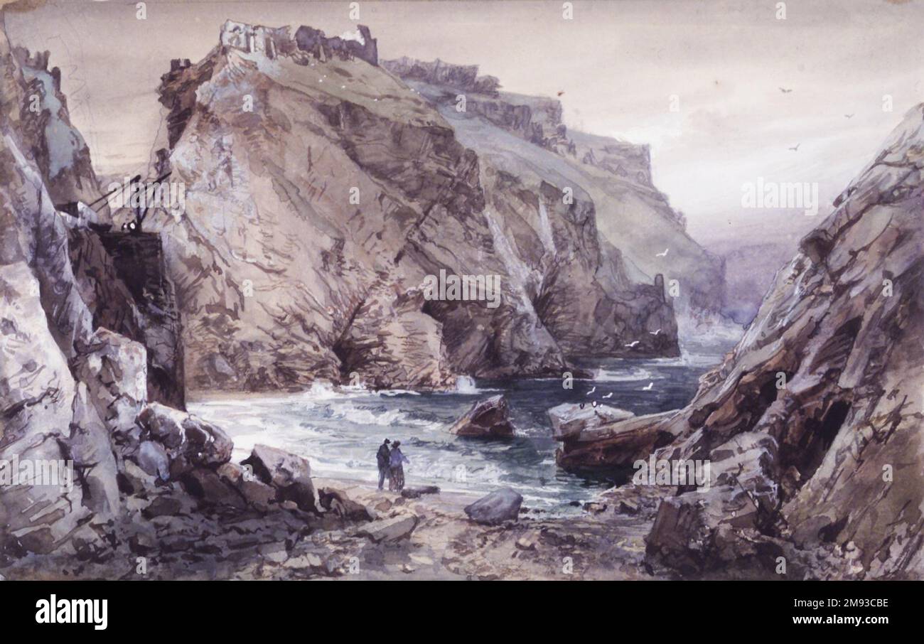 Seascape con due figure: Tintagel, Cornovaglia, Inghilterra William Trost Richards (americano, 1833-1905). , 1878-1880. Acquerello su grafite su carta, 6 1/2 x 10 pollici (16,5 x 25,4 cm). Arte americana 1878-1880 Foto Stock