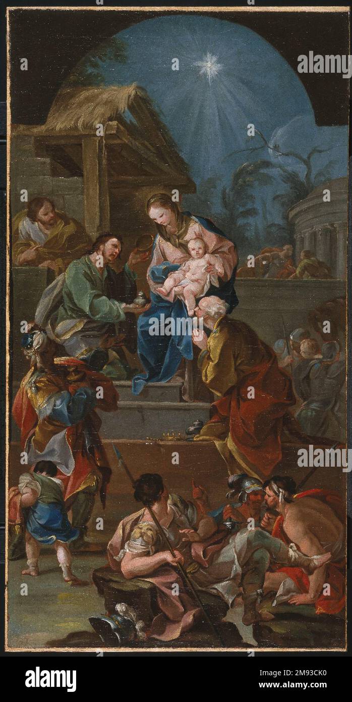 Adorazione dei Magi (Adoración de los Magos) Antonio González Velázquez (spagnolo, 1723-1794). , metà del 18th ° secolo. Olio su tela, 32 3/16 x 17 poll. (81,8 x 43,2 cm). Arte europea metà 18th ° secolo Foto Stock