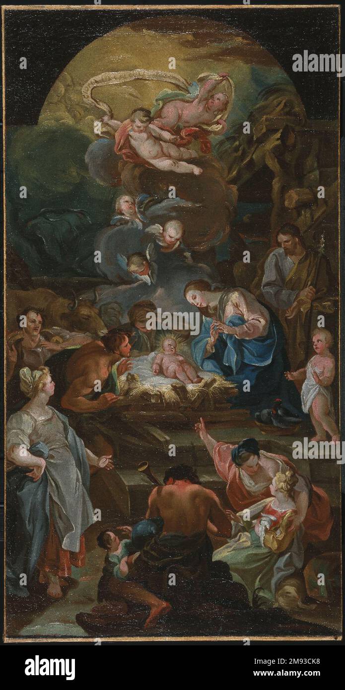 Adorazione dei Pastori (Adoración de los pastores) Antonio González Velázquez (spagnolo, 1723-1794). , metà del 18th ° secolo. Olio su tela, 32 x 17 poll. (81,3 x 43,2 cm). Arte europea metà 18th ° secolo Foto Stock