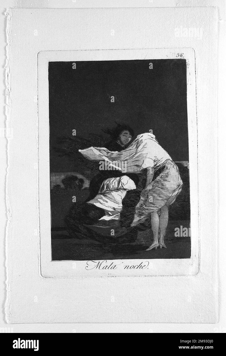 A Bad Night (Mala noche) Francisco de Goya y Lucientes (spagnolo, 1746-1828). Una notte cattiva (Mala noche), 1797-1798. Incisione e acquatinta su carta posata, foglio: 11 7/8 x 7 15/16 poll. (30,2 x 20,2 cm). Arte europea 1797-1798 Foto Stock