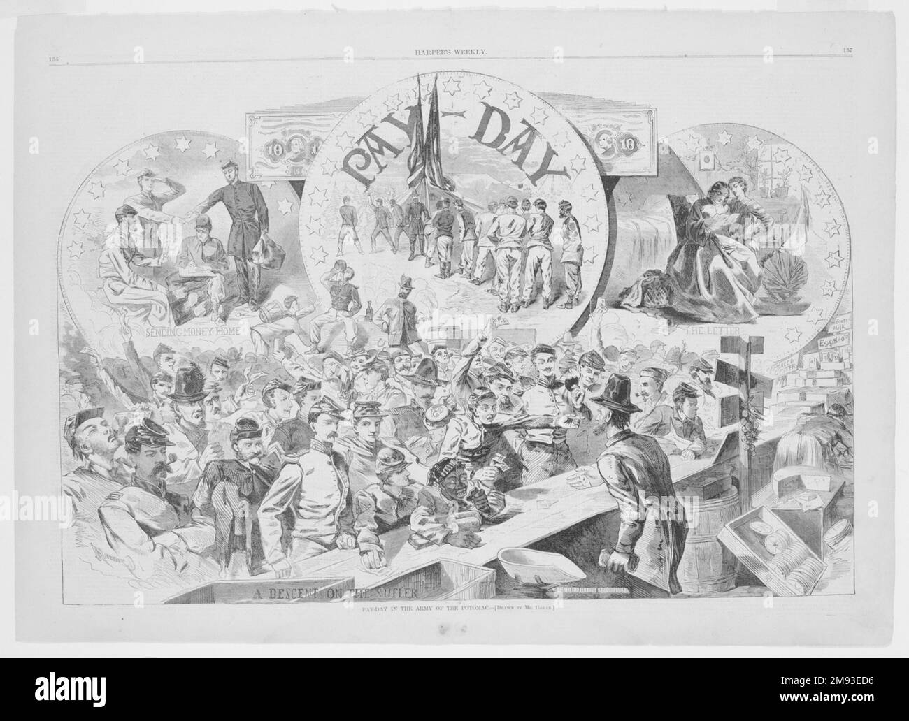 Pay-Day nell'esercito del Potomac Winslow Homer (americano, 1836-1910). Pay-Day nell'Esercito del Potomac, 1863. Incisione su legno, immagine: 13 5/8 x 20 1/2 pollici (34,6 x 52,1 cm). Questa illustrazione è stata probabilmente parte della serie che Harper's ha eseguito sulla vita alla parte anteriore. Qui, i soldati si allineano per ricevere la loro paga, e dopo aver inviato denaro e lettere a casa, scendono sul sutler, un mercante che ha seguito l'esercito e venduto le provviste ai soldati. Omero si prese cura di descrivere gli uomini come un gruppo eterogeneo: Vecchi e giovani, bianchi e neri, ufficiali e arruolato uomini. Arte americana 1863 Foto Stock