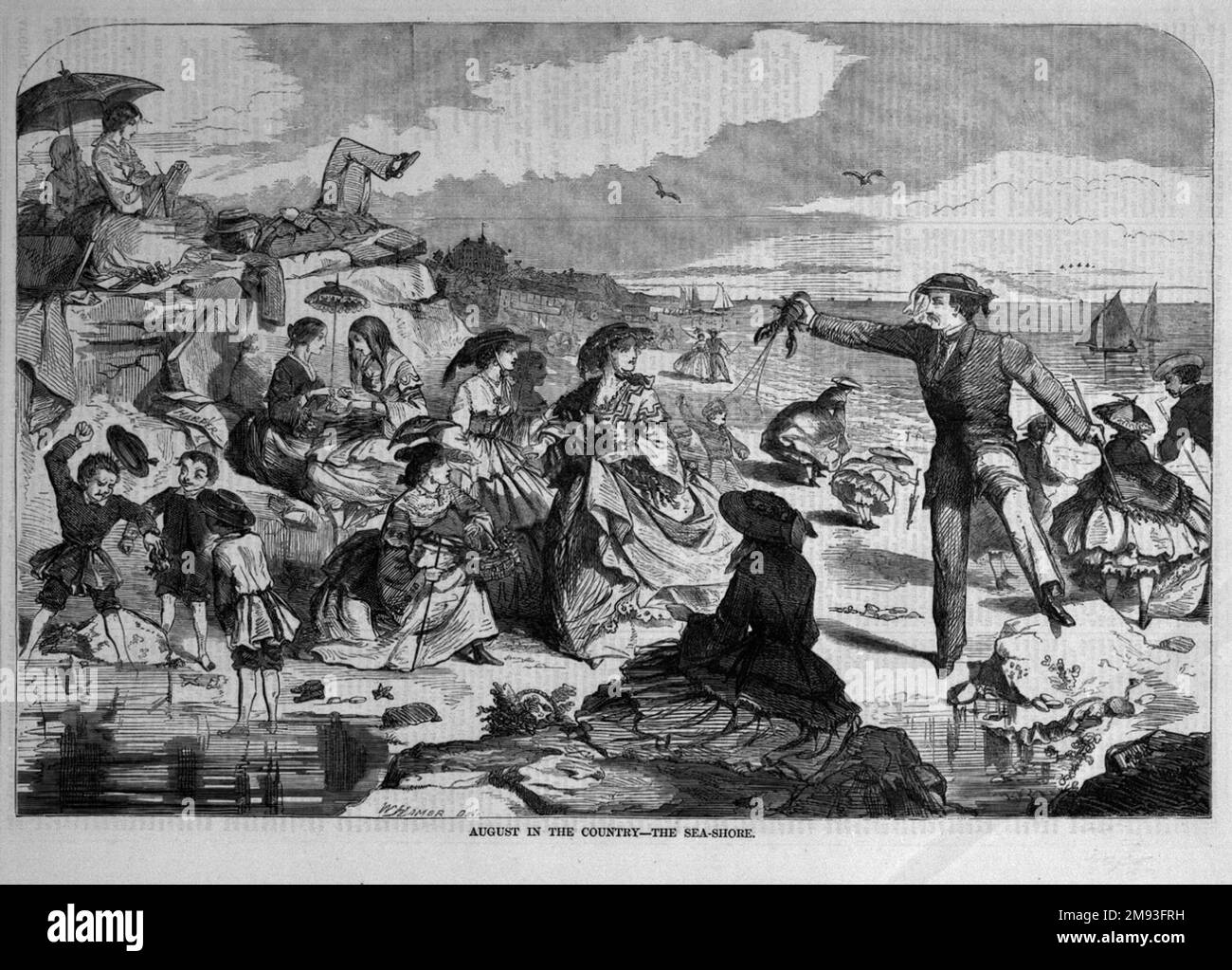 Agosto nel paese--la riva del mare Winslow Homer (americano, 1836-1910). , 1859. Incisione su legno, immagine: 9 1/8 x 13 3/4 pollici (23,2 x 34,9 cm). Agosto.. Al Mare:.. La scena sul lato del mare—la dolce lontano niente—la caccia alla crostacei—l'ora trascorsa nello schizzo della goletta lontana—la deliziosa tetes-a-tete— non sono tutti scritti nei nostri ricordi? Accompagnata da queste musiche nostalgiche, questa immagine e l'illustrazione Country Life in Summer: Il bagno a Newport sono le prime immagini di Homer di ricreazione al mare. Le loro composizioni affollate, piene di aneddoti figurali tratti dal con Foto Stock