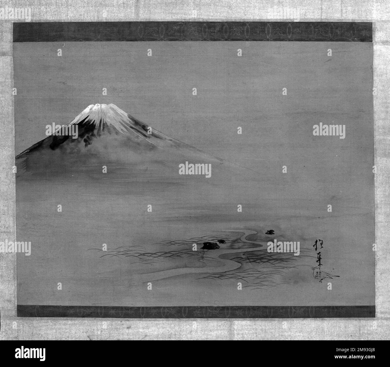 Dipinto del Monte Fuji attribuito a Sakai Hotsu (giapponese, 1761-1828). Pittura del Monte Fuji, 1615-1868. Rotolo sospeso, pittura su seta, 30 11/16 x 51 11/16 poll. (78 x 131,3 cm). Arte asiatica 1615-1868 Foto Stock