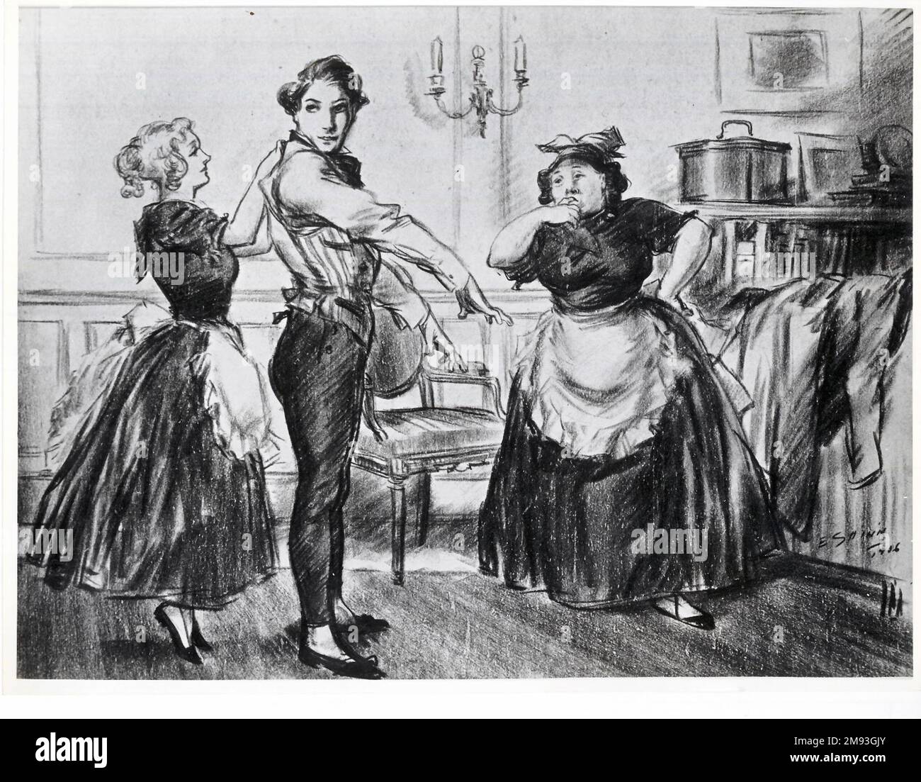 'Vedo quello che c'è da fare, Monsier' Everett Shinn (americano, 1876-1953). 1906. Pastello a cera su carta, foglio: 15 x 20 3/8 poll. (38,1 x 51,8 cm). Arte americana 1906 Foto Stock