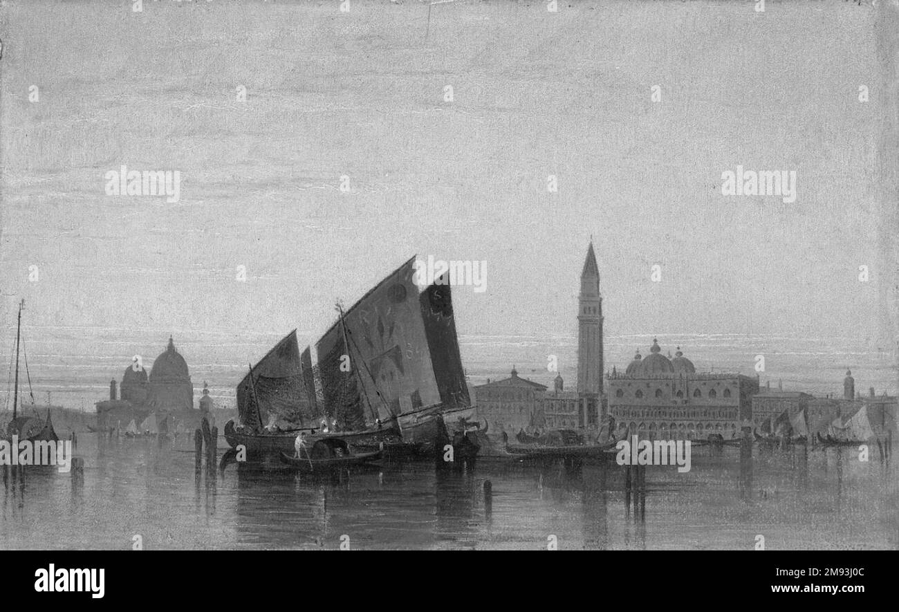 Vista di Venezia in italiano. Olio su cartone, 8 3/4 x 14 1/8in. (22,2 x 35,9cm). Arte europea Foto Stock