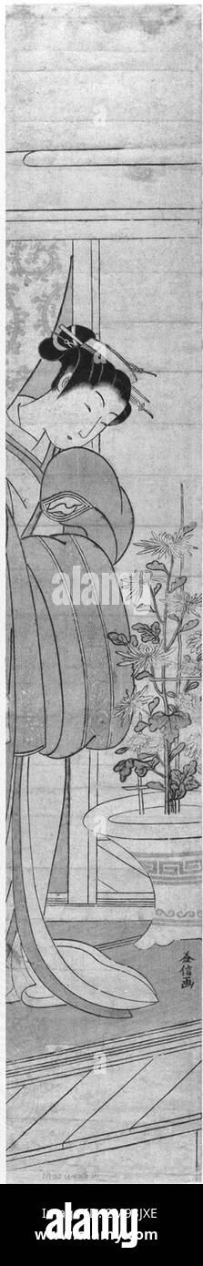 Bellezza eretta con Chrysanthemum Tanaka Masunobu (giapponese, ca. 1764-1772). Bellezza in piedi con Chrysanthemum, ca. 1770. Stampa woodblock, 24 3/4 x 4 3/4 pollici (62,9 x 12,1 cm). Arte asiatica ca. 1770 Foto Stock
