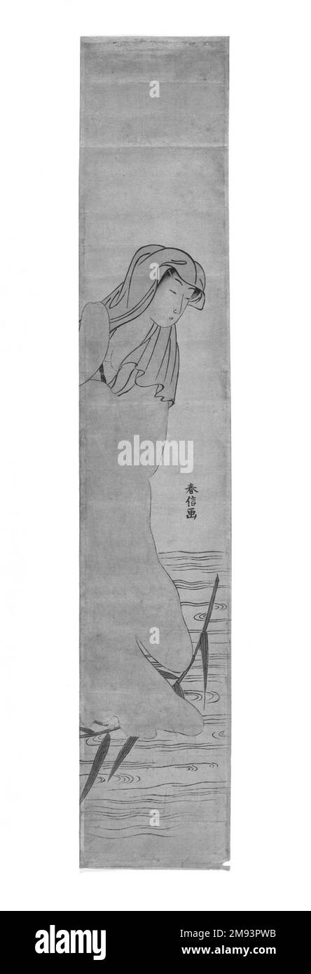 Parodia di Bodhidarma imbarcata su una foglia di Reed Suzuki Harunobu (giapponese, 1724-1770). Parodia di Bodhidarma che imbarcava su una foglia di Reed, ca. 1766. Stampa a colori con blocchi di legno, 28 3/8 x 5 3/16 pollici (71,9 x 13,1 cm). Arte asiatica ca. 1766 Foto Stock
