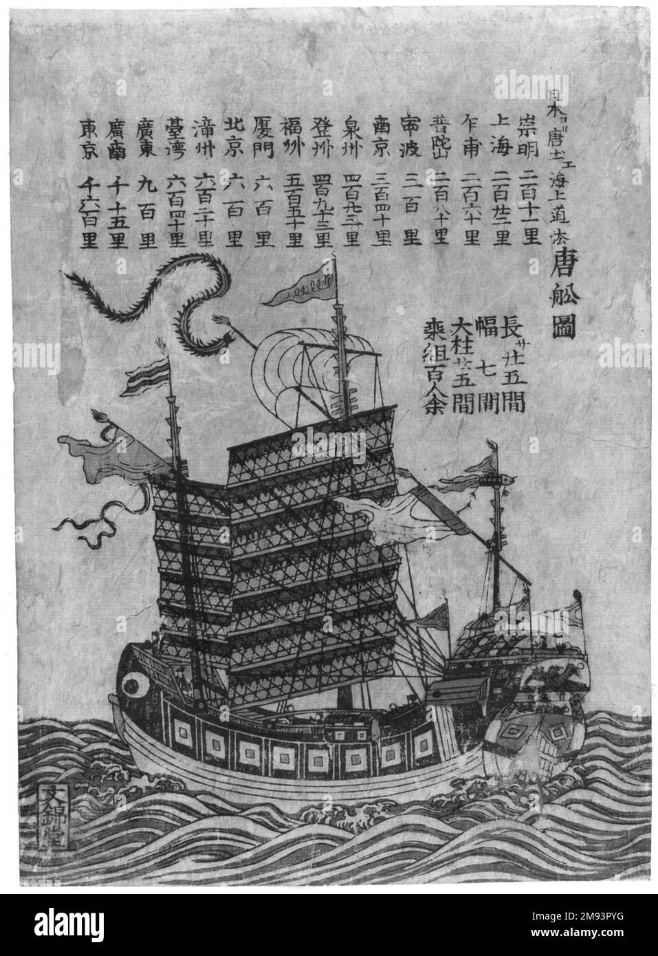 Nave cinese (Tosen Zu) con elenco della rotta marittima dalla Cina al Giappone nave cinese (Tosen Zu) con elenco della rotta marittima dalla Cina al Giappone, ca. 1850. Stampa a blocchi di legno a colori su carta, 11 13/16 x 8 5/8 pollici (30,0 x 21,9 cm). Arte asiatica ca. 1850 Foto Stock