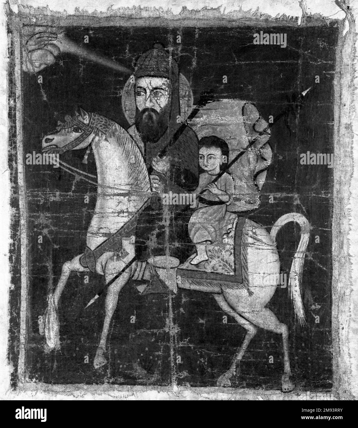 Uomo e bambino montato su Cavallo Sconosciuto. Uomo e bambino montato su Cavallo, 18th-19th ° secolo. Olio su panno, 28 x 24 poll. (71,1 x 61 cm). Arti del mondo islamico 18th-19th ° secolo Foto Stock