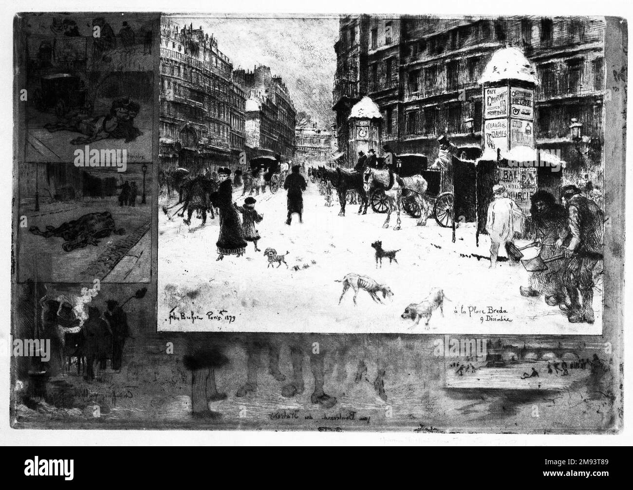 Inverno a Parigi; Place Breda Félix Hilaire Buhot (francese, 1847-1898). , 1879. Acquaforte e acquatint su carta di wove, 9 5/16 x 13 11/16 poll. (23,7 x 34,8 cm). Arte europea 1879 Foto Stock