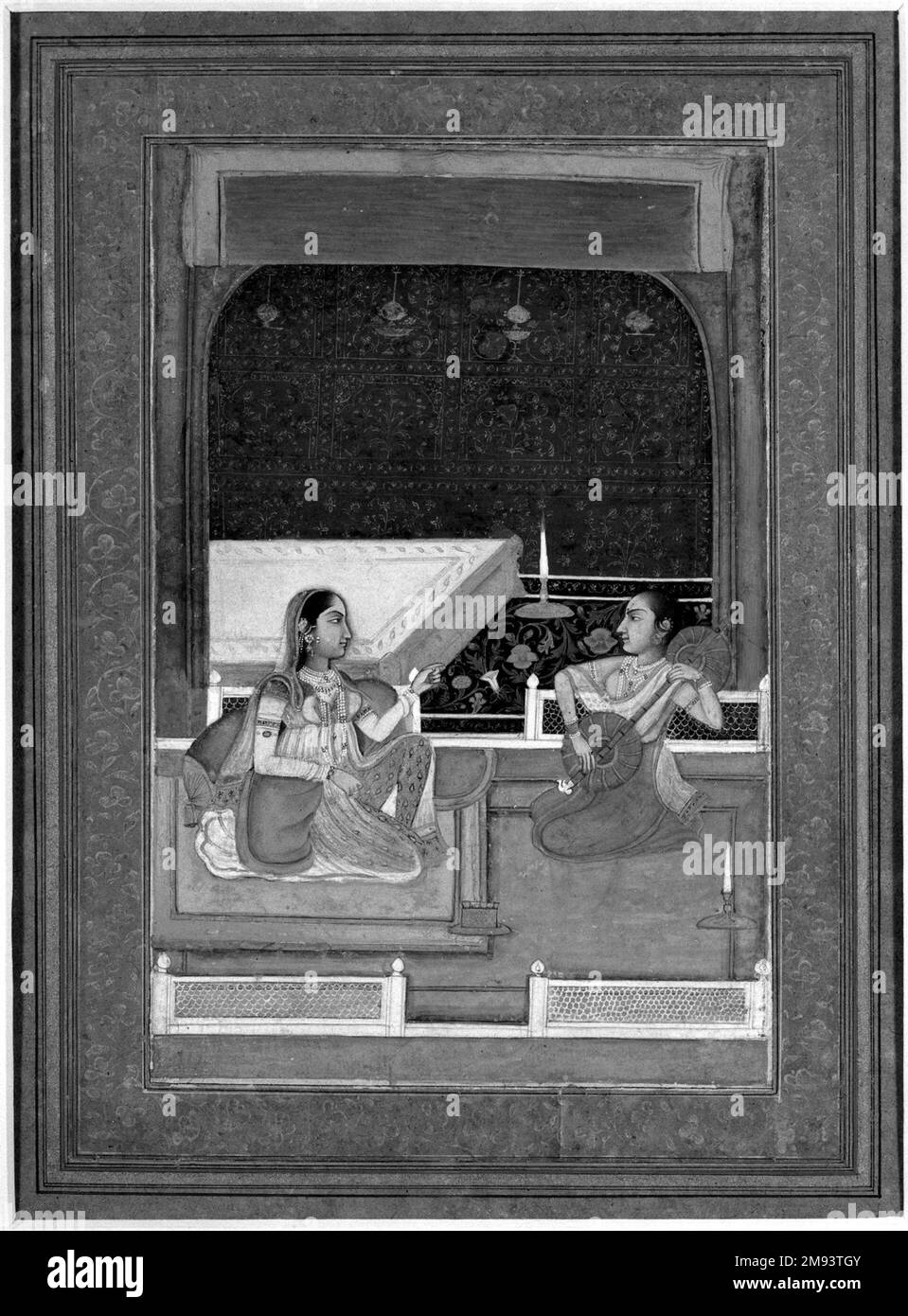 Una serata di Musica Indiana. Una serata di Musica, fine 18th ° secolo. Acquerello opaco e oro su carta, foglio: 12 3/8 x 8 7/8 pollici (31,4 x 22,5 cm). Arte asiatica fine 18th ° secolo Foto Stock