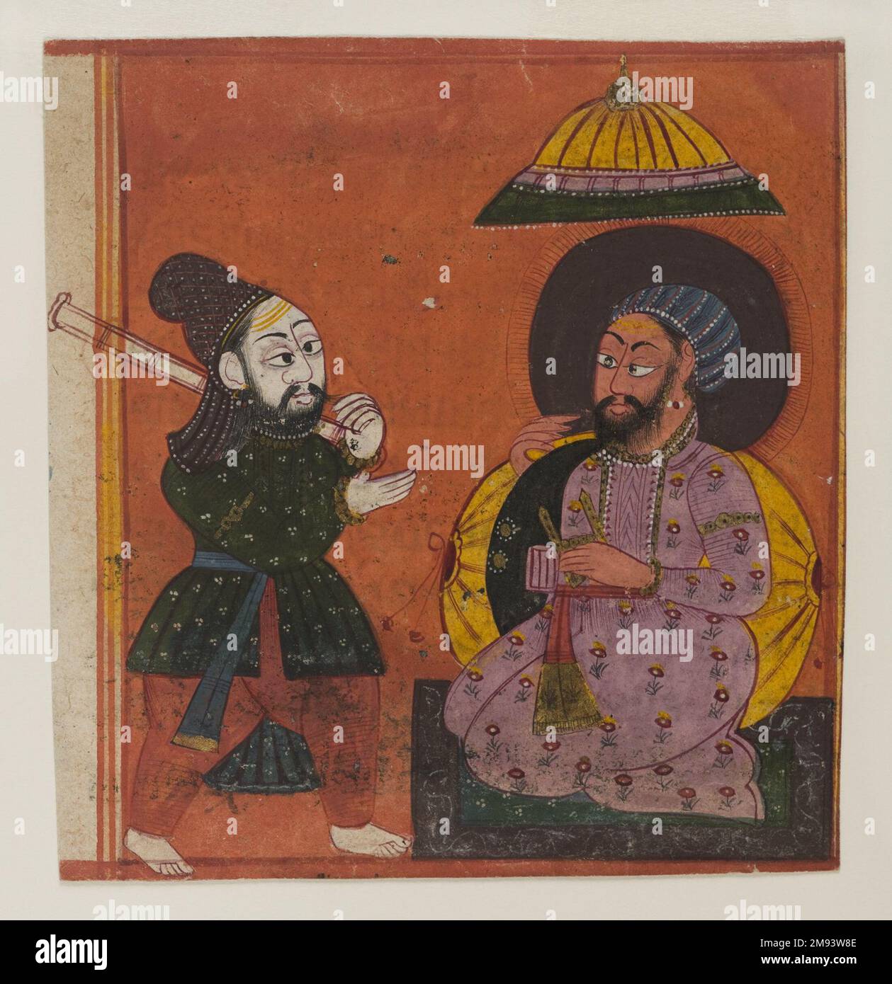 Frammento di una pagina da una serie indiana Markandeya Purana. Frammento di una pagina da una serie di Markandeya Purana, ca. 1625. Acquerello opaco e oro su carta, foglio: 4 7/8 x 4 11/16 pollici (12,4 x 11,9 cm). Arte asiatica ca. 1625 Foto Stock